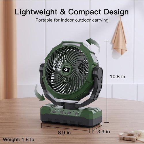 FRIZCOL 3-in-1 Camping Fan - Portable Fans Rechargeable - 24000mAh Battery Powered Fan(140Hrs) with Light & Remote for Indoor, Outdoor, Tent, Travel, BBQ, Fishing, Jobsite - Green