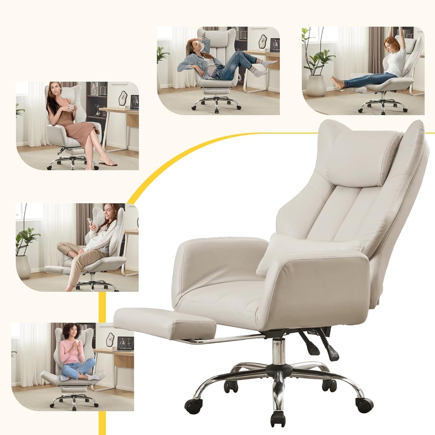 Ergonomic Cross Legged Office Chair with Footrest,Leather Big and Tall Executive Chair with Wheels,Reversible Armrest and Lumbar Pillow,135° Reclining Computer Wide Desk Chair for Home,Office (Beige)