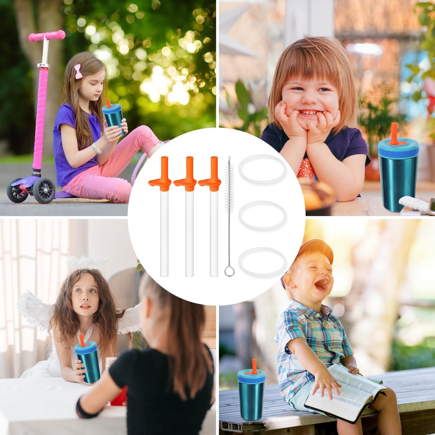 3pcs Replacement Straws with Bite Valve for Zak Designs Kelso Kids 15oz, BPA Free Reliable Straw Cup Accessories with Zak Designs and Reusable Gaskets Brush for Water Bottles (Orange)