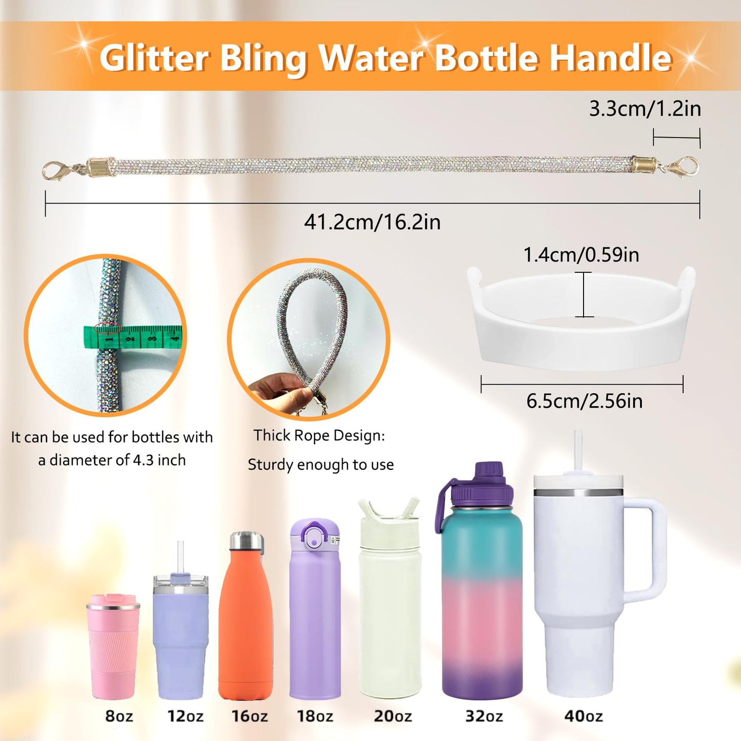 Glitter Handle for Stanley Cup Accessories - Diamond Stanley Tumbler Carrier with Strap Bling Water Bottle Handle Strap(White)
