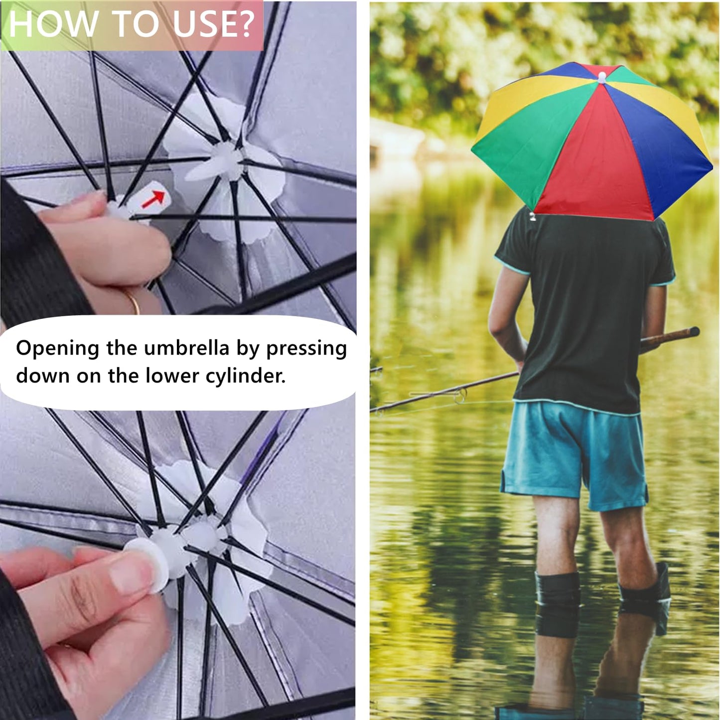 3 Pack Umbrella Hat for Adult, 26" Diameter Rainbow Sports Head Umbrella Hats for Women Men, Folding Waterproof Fishing Headwear for Outdoor Party Beach Hiking