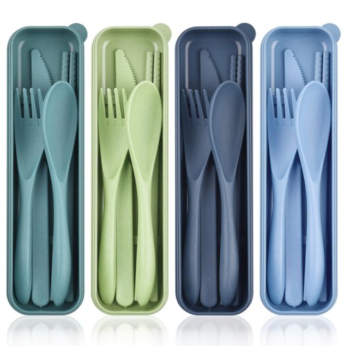 Reusable Utensils With Case, 4 Portable Travel Cutlery Sets, Wheat Straw Flatware for Kids Adults, Camping Eating Utensils for Daily Use or Outdoor