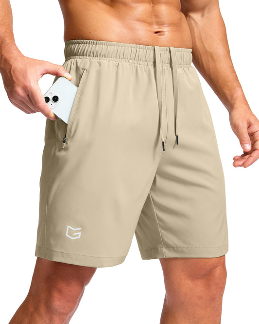 G Gradual Men's Athletic Running Shorts with Zipper Pockets Quick Dry 7"/ 5"/ 9" Workout Gym Shorts for Basketball Hiking(Khaki,7XXXL)