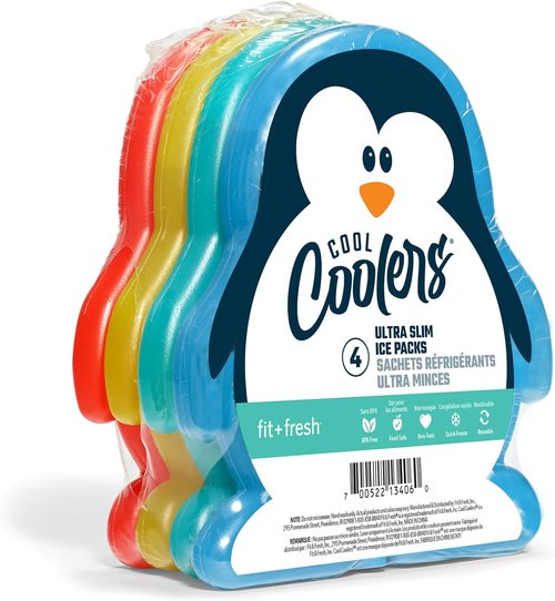 Cool Coolers Slim Ice Packs for Kids Lunch Boxes - Reusable Multicolored Set of 4 (Penguin)