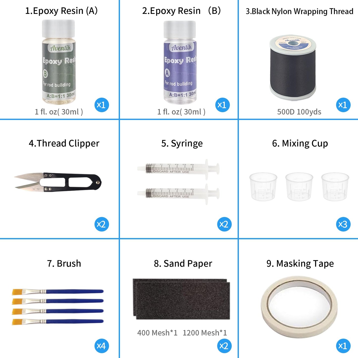 Aventik Fishing Rod Repair Kit Complete Supplies with Two-Part Epoxy Resin, 500D Wrapping Thread, Clipper, and Masking Tape Fishing Pole Repair Kit