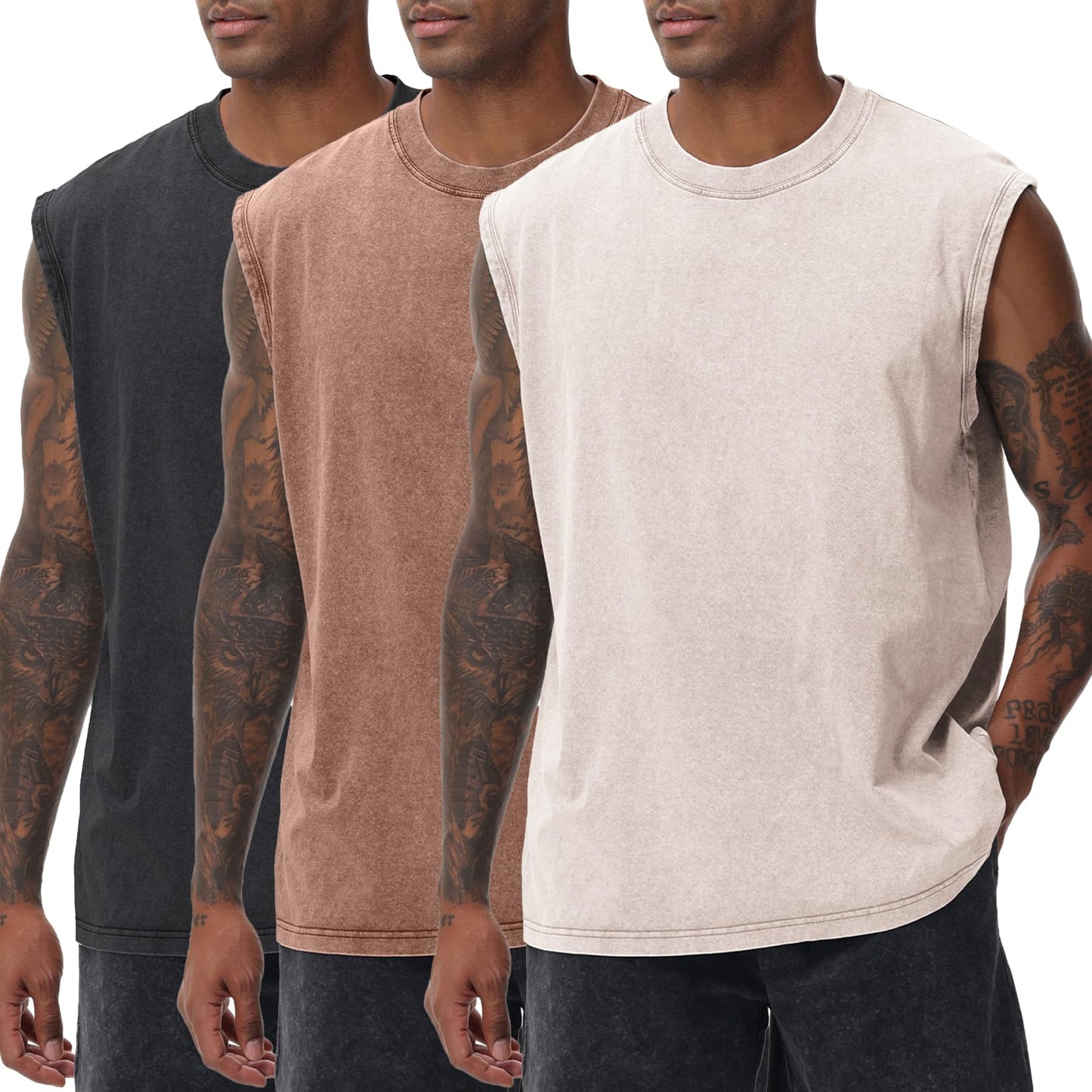 SnowElve 3 Pack Mens Workout Tank Tops Sleeveless Tee Shirts Men Muscle Shirt Gym Acid Wash T Shirts Running Beach Loose Fit Tee(ACCFBK,S)