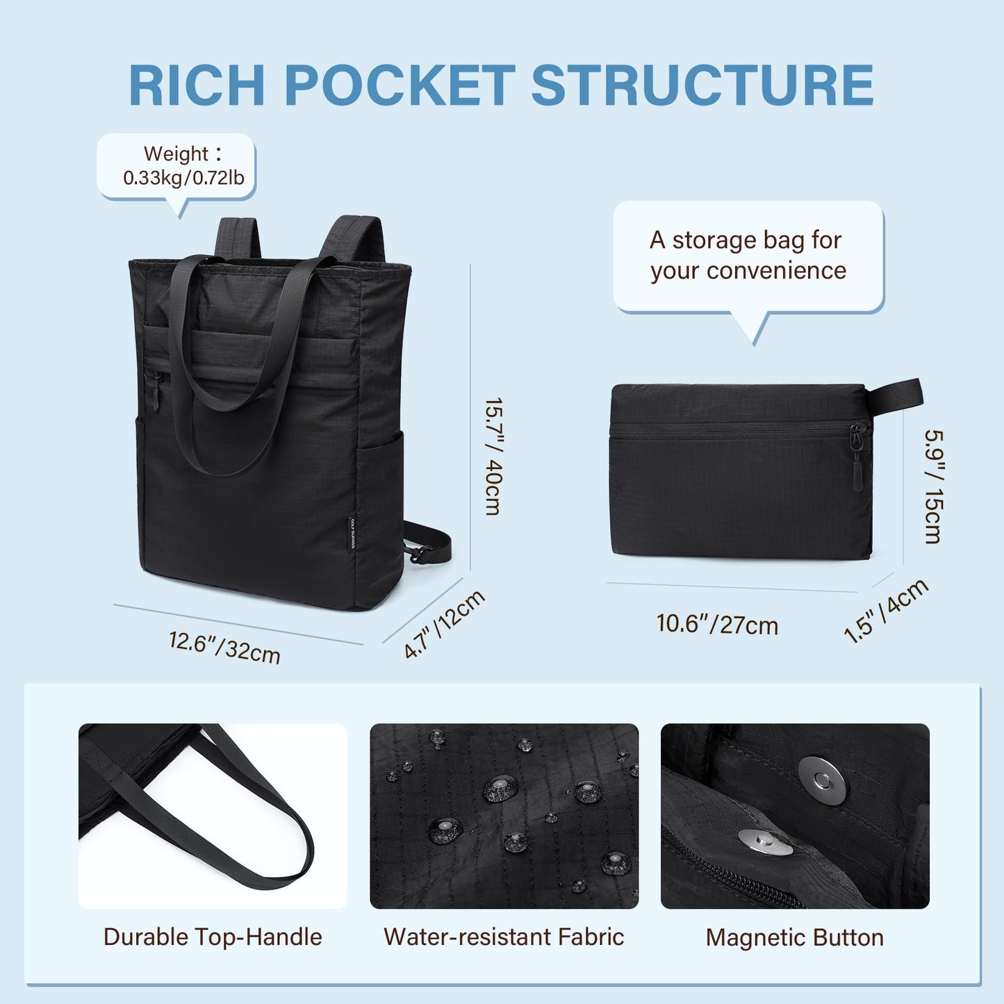 GOLF SUPAGS Foldaway Convertible Tote Backpack Lightweight Nylon Daypack Women Men City Pack Versatile Backpack Leisure, Black