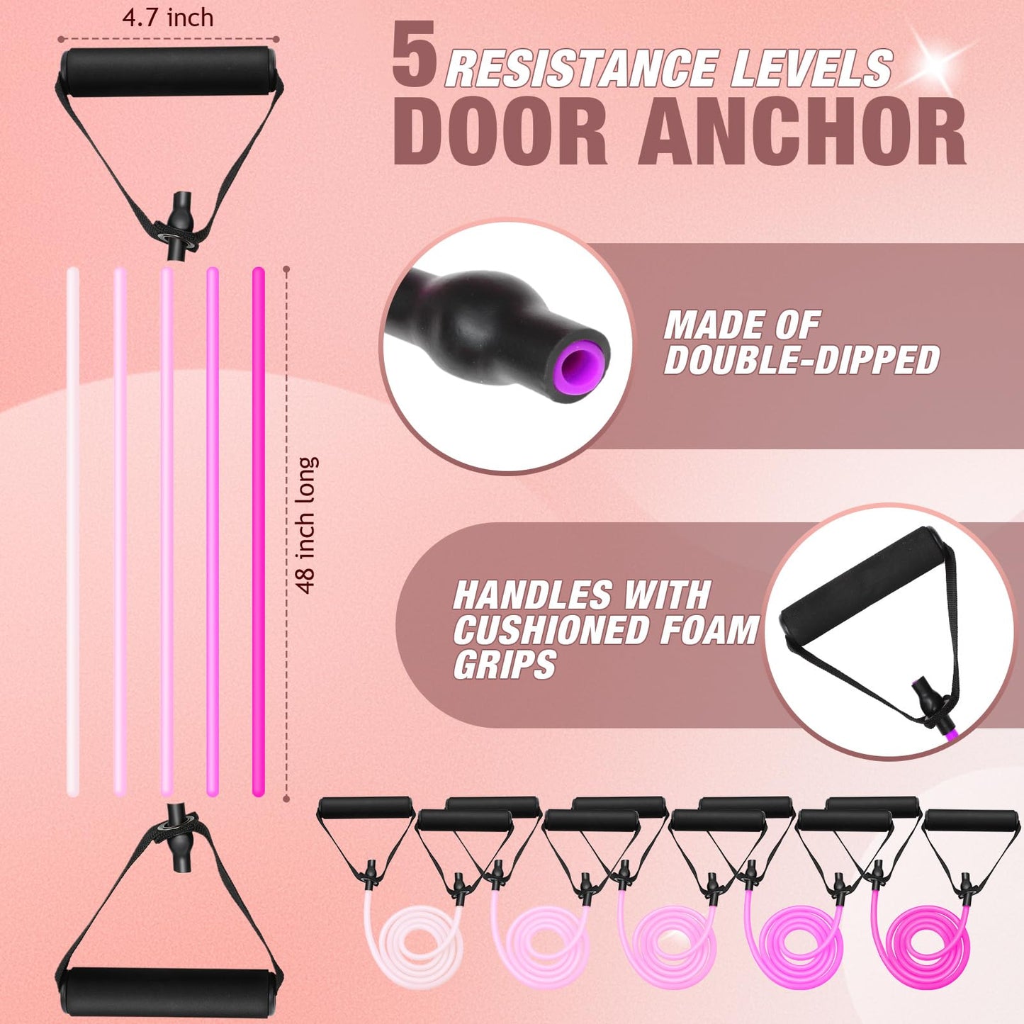 5 Pcs Exercise Resistance Bands with Handles Workout Bands Physical Resistance Tube Bands with Door Anchor for Men Women Muscle Toning Strength Training (Pink)