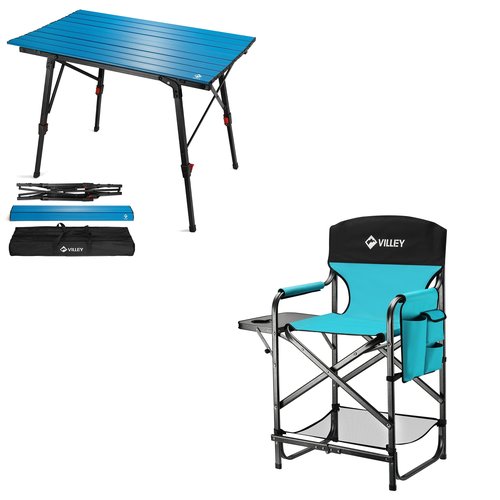 VILLEY Portable Camping Table with Adjustable Legs and Tall Directors Chair, Folding Camping Chairs