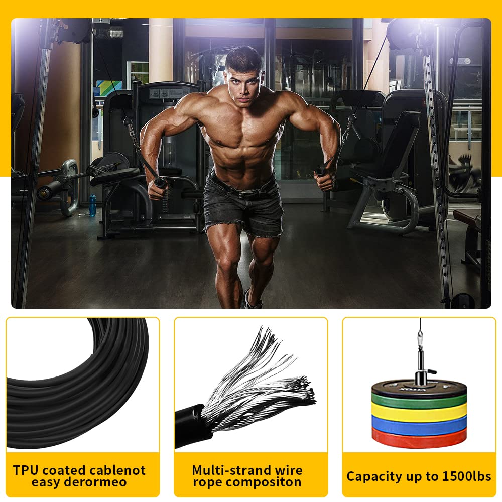 Fitness Pulley Cable Gym Cable Replacement for Pulley Cable Machine,Pulley Cable for DIY Home Gym,Wire Rope Length for Weight Lift Pulley System,Steel Cable Thick 5mm TPU (Long Cable with Parts, 33FT)