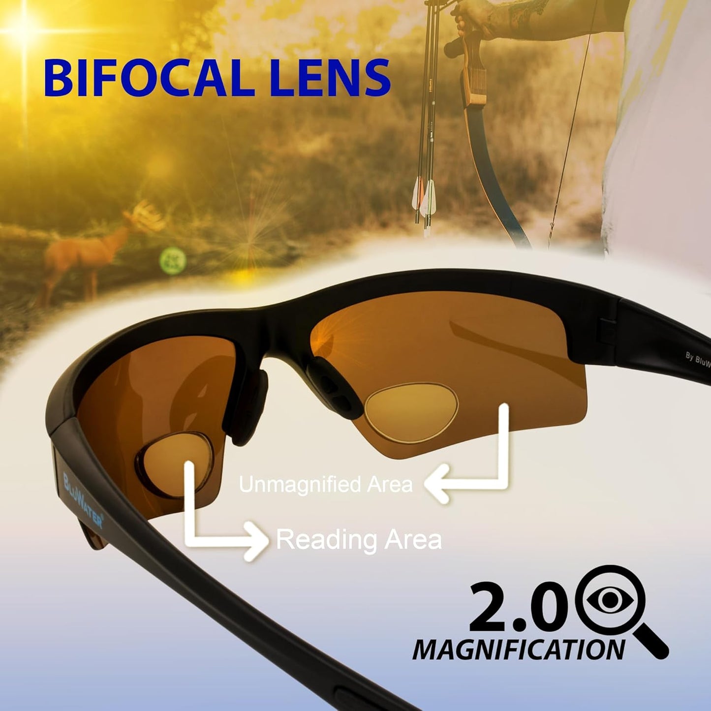 Global Vision BluWater Polarized Bifocal Sunglasses For Men & Women Fishing Glasses With Bifocals +2.0 Magnification Black Frame w/Polarized Brown Lenses