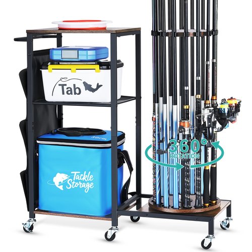 HapiRm Fishing Rod Holder for Garage - 360° Rotating Fishing Pole Rack with Wheels, Storage Organizer Cart for 12 Rods & Tackle Boxes - Space-Saving Fishing Rod Storage Stand for Men’s Fishing Gear