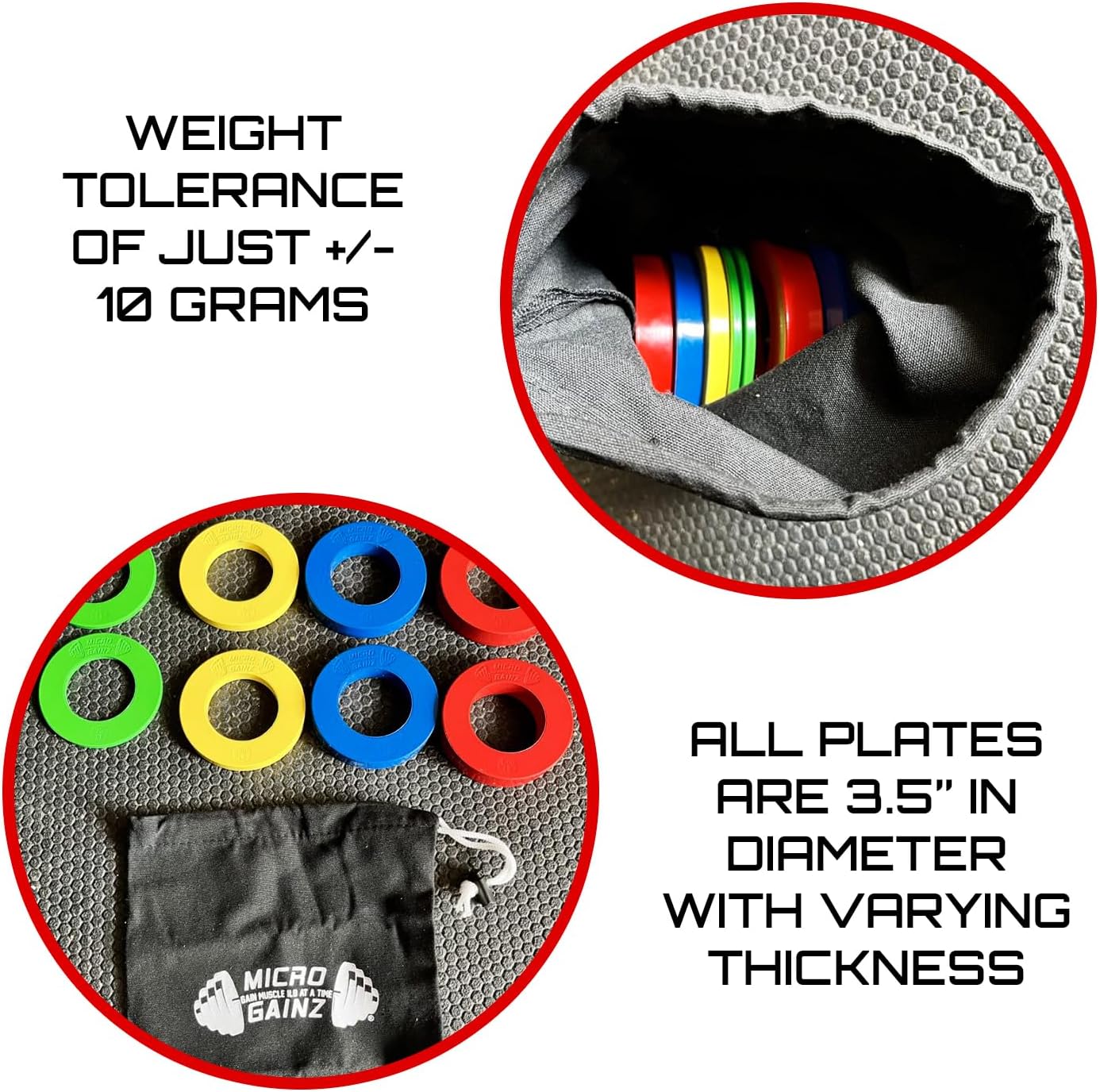 Micro Gainz Calibrated Fractional Weight Plates Set, 8 Piece Olympic Weight Plates Set with Bag, Designed for Olympic Barbells for Strength Training and Micro Loading, Made in USA