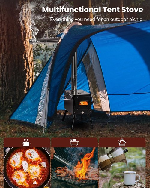Wood Stove,YRenZ Hot Tent Stove with 7-Section Stainless Steel Chimney, HeatControl Stovepipe and Elbow Pipe, Wood Burning for Outdoor Camping and Ice Fishing