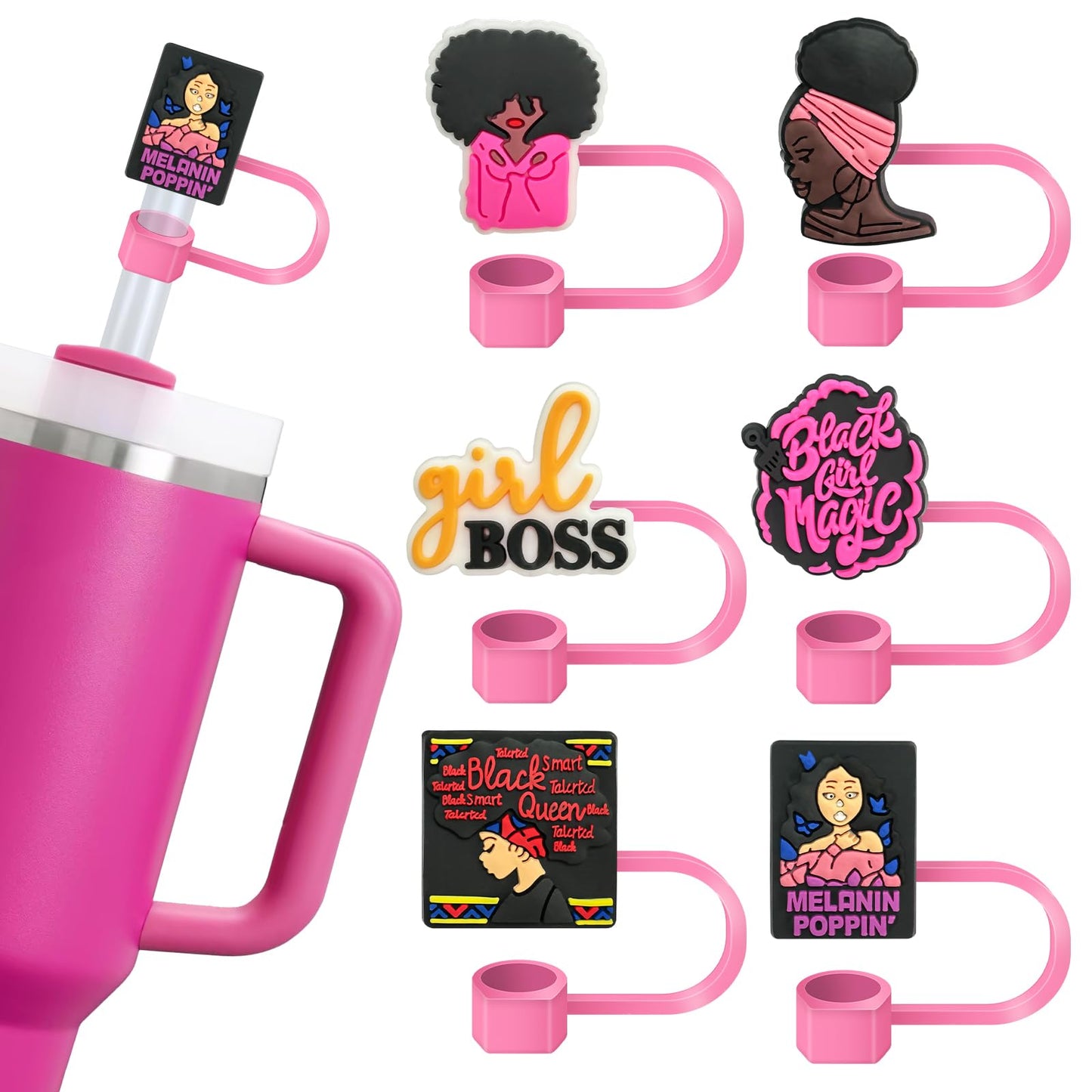 6 Pink Black Girl Straw Covers - Compatible with Stanley Cup, Reusable Silicone Straw Cover fits 0.4 Inch Straws