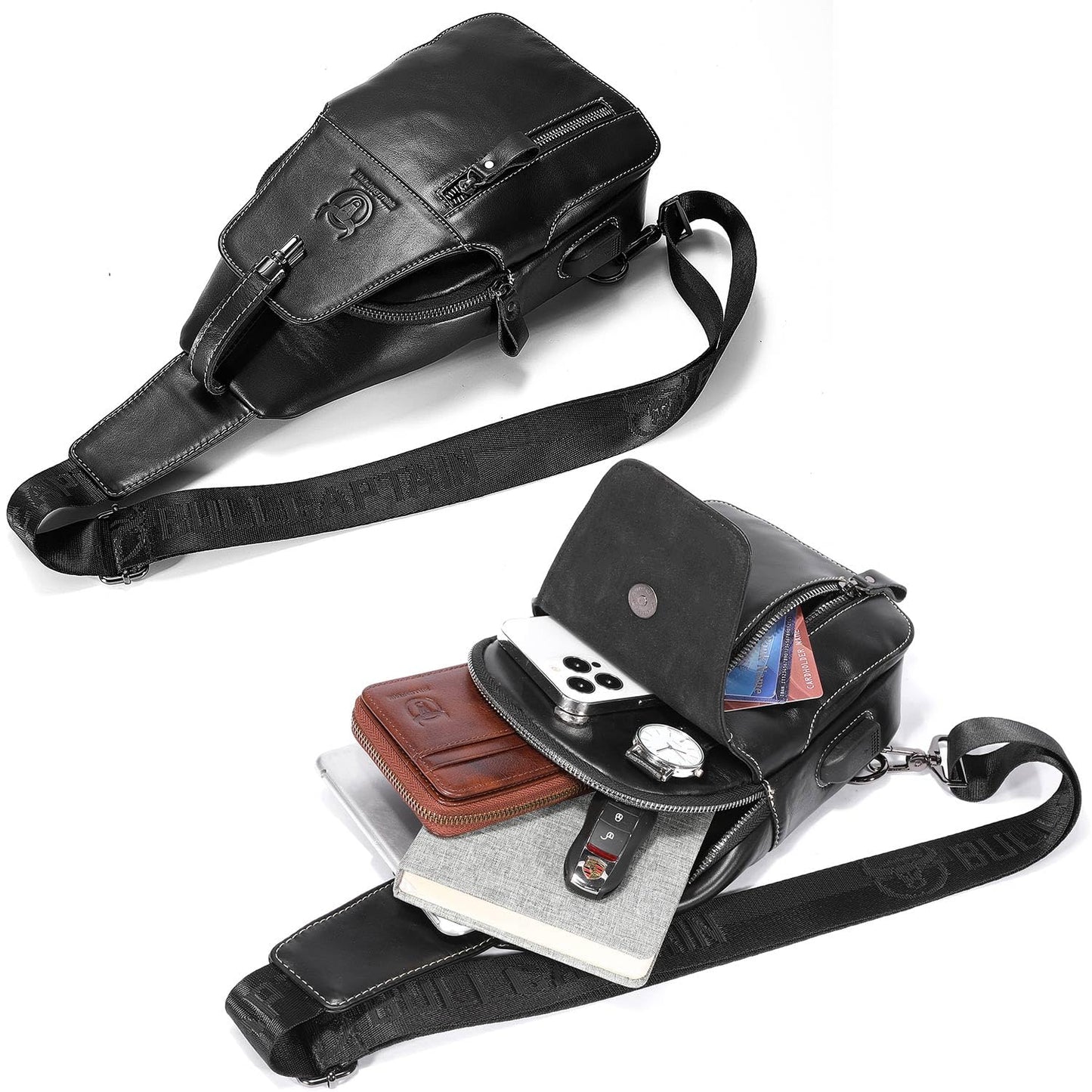 Genuine Leather Sling Bag Mens Crossbody Backpack for Hiking Casual Daypack Shoulder Chest Bag with USB Charging Port (Black)