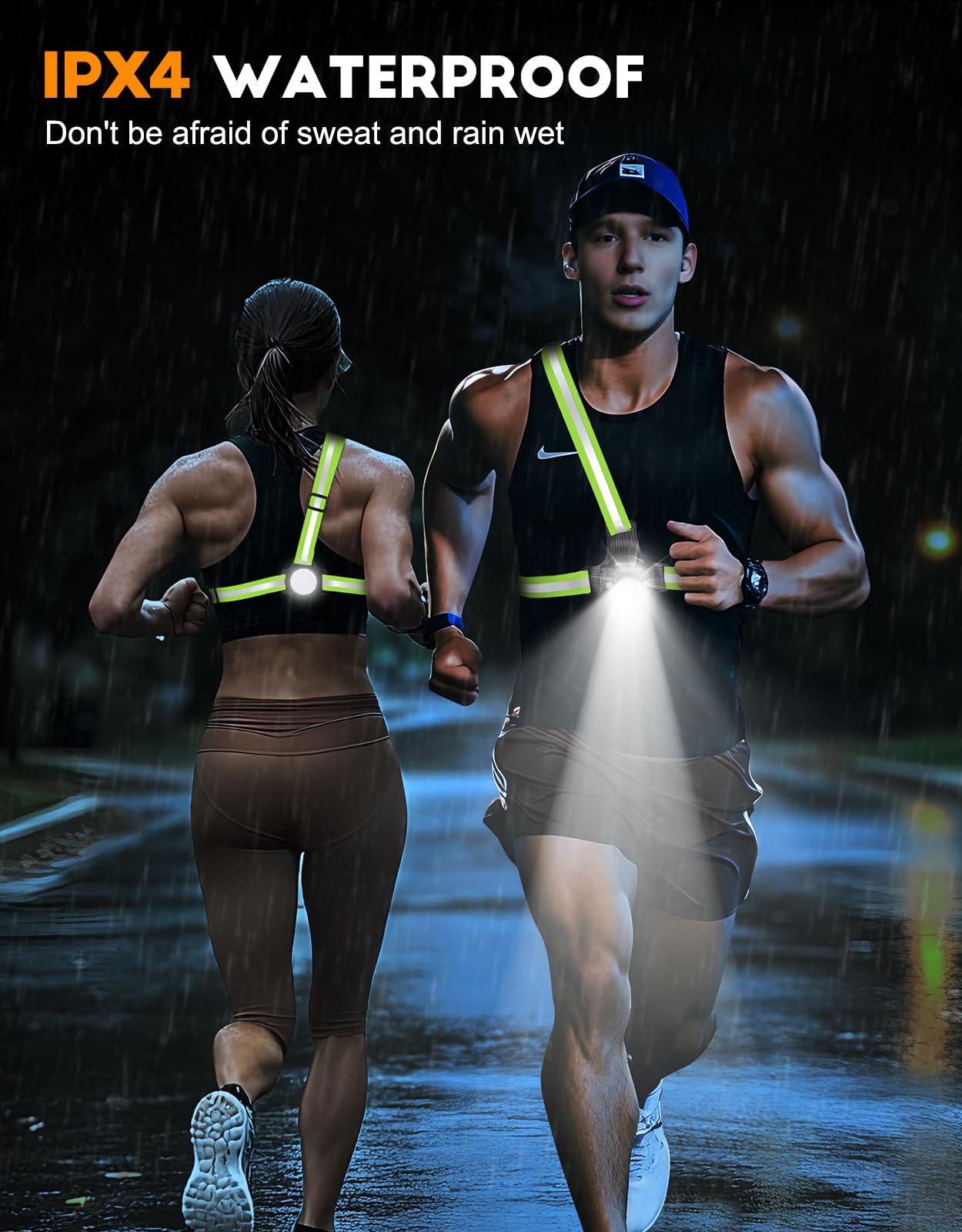 ISEYOU Running Lights for Runners, 500 Lumens Run Light with 360° Reflective Straps, IPX4 Waterproof & USB Rechargeable, 45° Adjustable Chest Running Light Vest for Night Walking, 4-16h Use Time