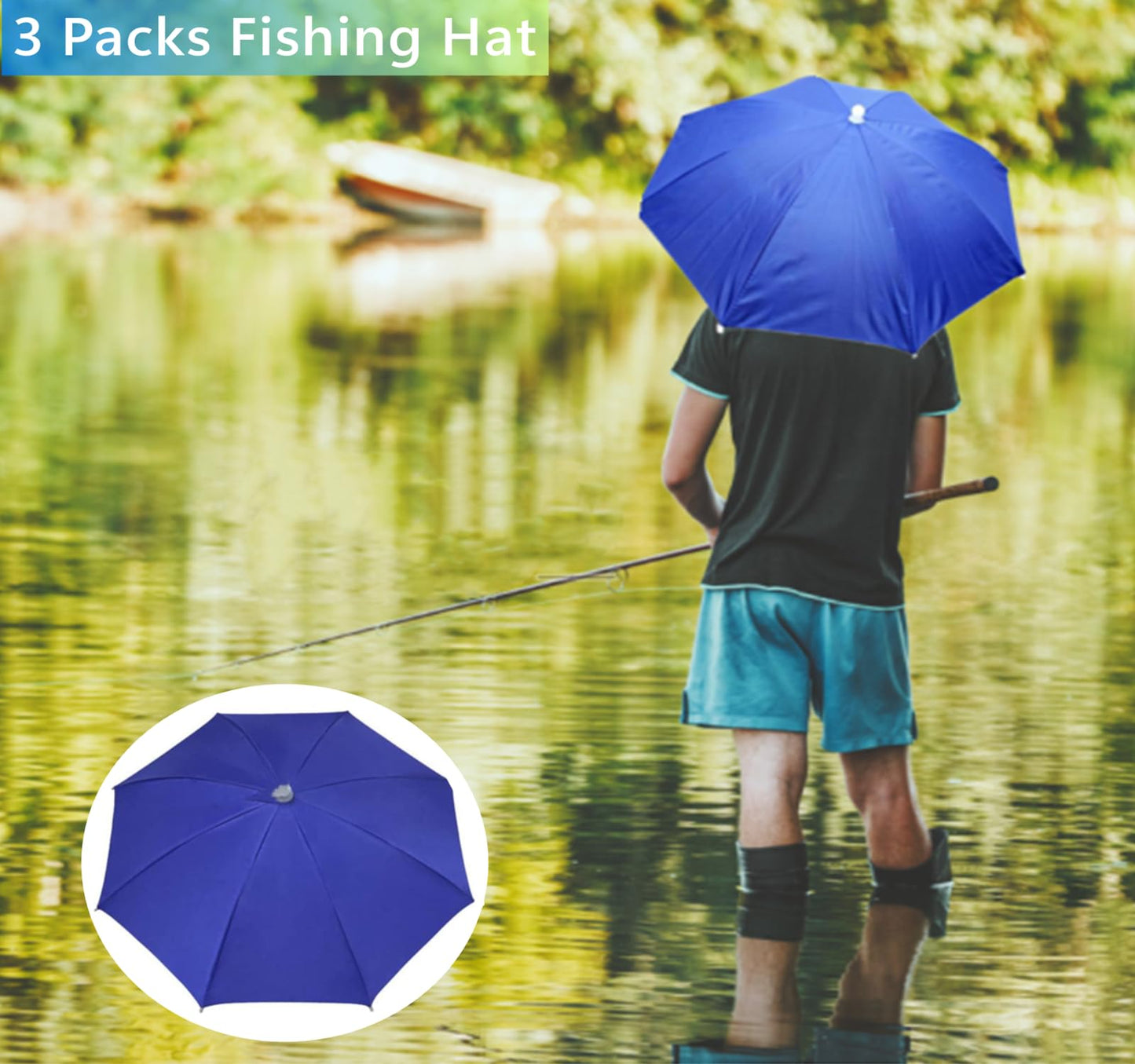 3 Pack Umbrella Hat, Sports Head Umbrella Hats for Adult Women, 26" Diameter Folding Waterproof Rainbow Fishing Headwear for Outdoor Party Beach Hiking (Royalblue)