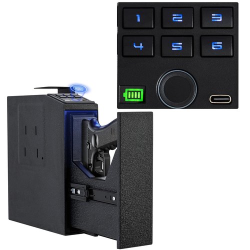 LMRSTOO Biometric Gun Safe for Handgun,Fingerprint Bedside Gun Safe, PIN Code, KEY Access,Upgrade 6 Numeric Buttons,Electric Quantity Display,Emergency Charging Port(Bateries is not include)