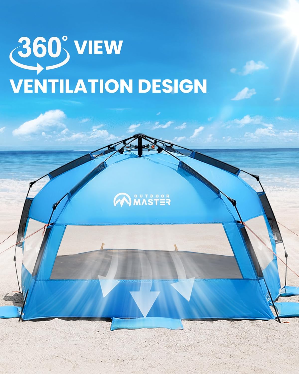 OutdoorMaster Beach Tent Sun Shelter for 3-4 Person, Pop Up Beach Tent Easy Setup with Sandbags, Portable Sun Shade Canopy with Carrying Bag for Beach & Outdoor, UPF50+ UV Protection, Family Size