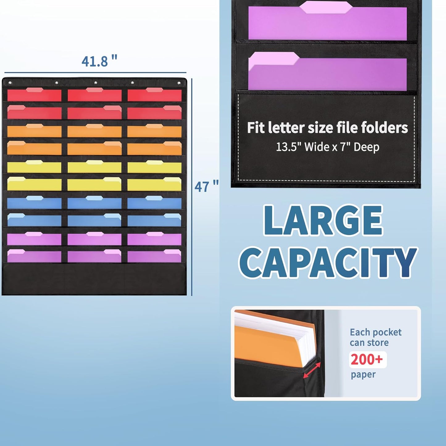 Annecy 10 Pockets Hanging Wall File Organizer, Black Storage Pocket Chart for File Folder and Paper, Space Saver for Office and Classroom, with Wall Hangers, Over The Door Hooks, Labels