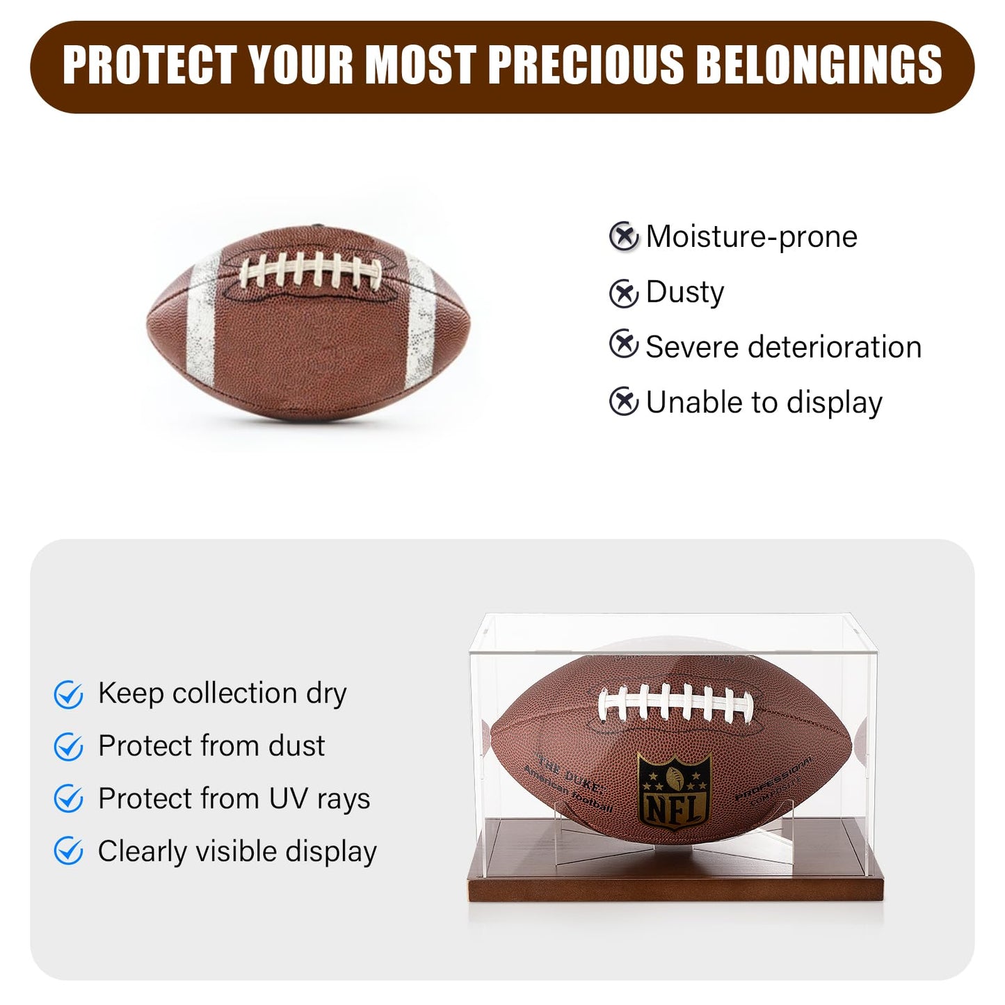 Football Display Case - Clear Acrylic Football Case Display Case with Removable Football Stand, Dust and UV Protection Acrylic Display Box for Signed Football Sports Collectibles Memorabilia Display