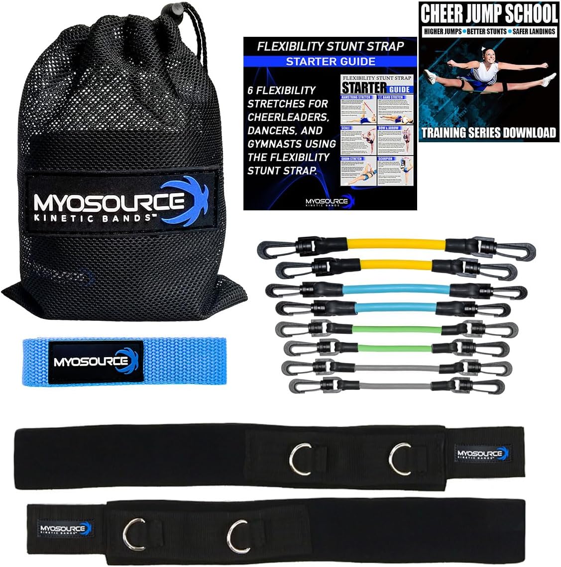Cheer Kinetic Bands Cheerleader Flexibility and Strength Training | Improve Jumps, Stunts, Landings | 4-Level Leg Resistance Bands & 12 Stunt Strap Color Options, Digital Training Downloads