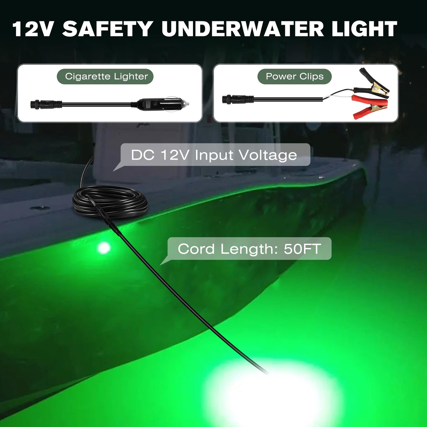Goldlife 12V Underwater Fishing Light with 50ft Cable, 400W 40000LM Foldable Brightness Green LED Submersible Light Attractants for Docks/Boats/Kayaks, IP69K Rated for Fresh & Salt Water