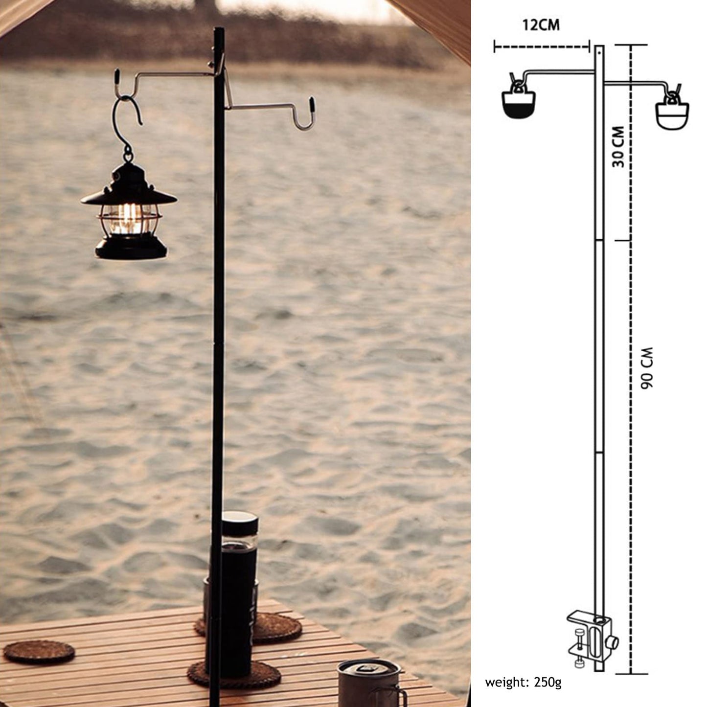 Joyeee Collapsible Camping Lantern Stand for Table, Outdoor Camping Activities, 35.4 inch Aluminum Alloy Folding Lamp Stand Pole Hanger with Black Storage Bag, Table Clamp, Black