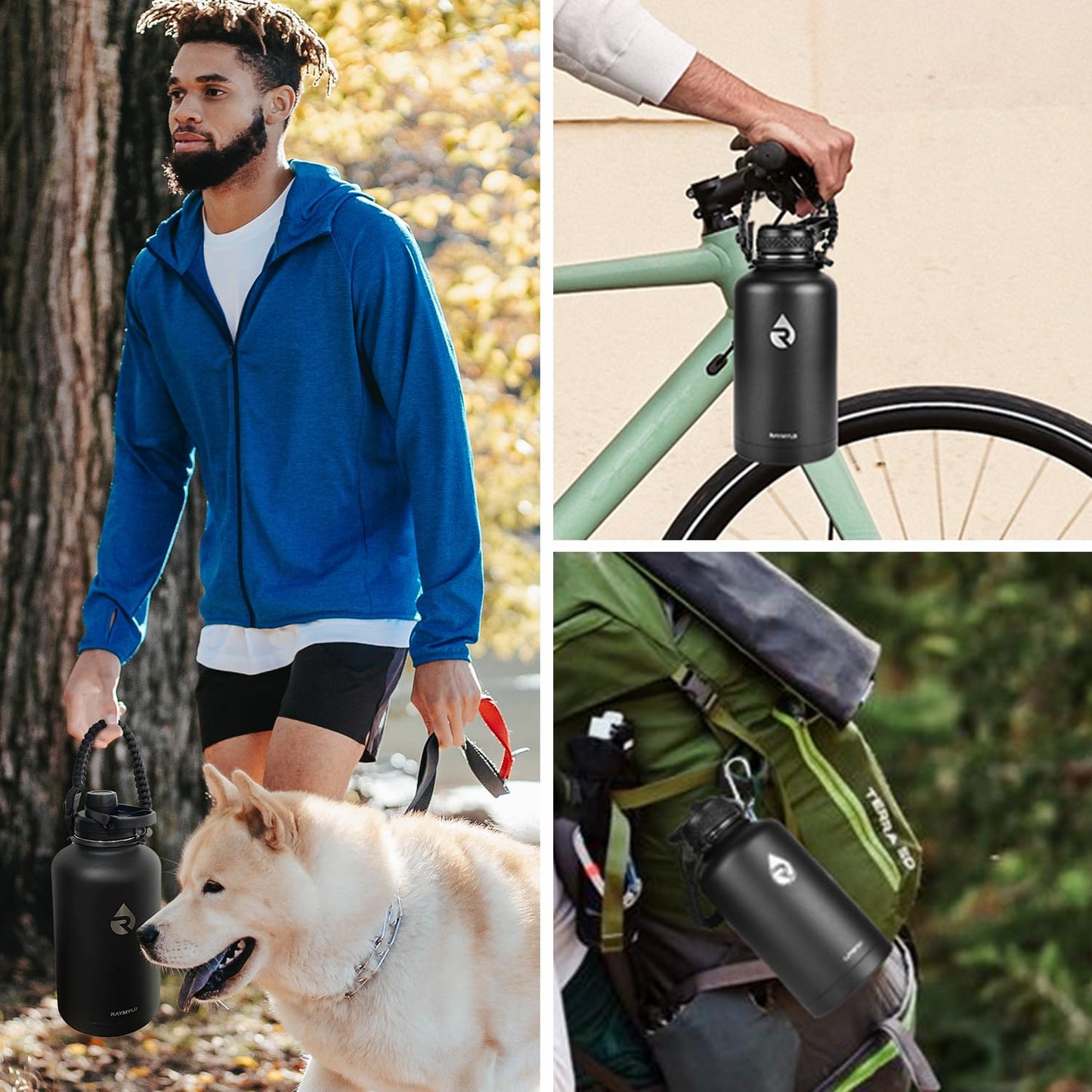 RAYMYLO Water Bottle Handle for Wide Mouth Water Jug, Paracord Handle Strap Carrier for 32 40 64 128 oz Bottle, Hydro Water Flask Accessories for Hiking with Safety Ring Carabiner & Compass Whistle