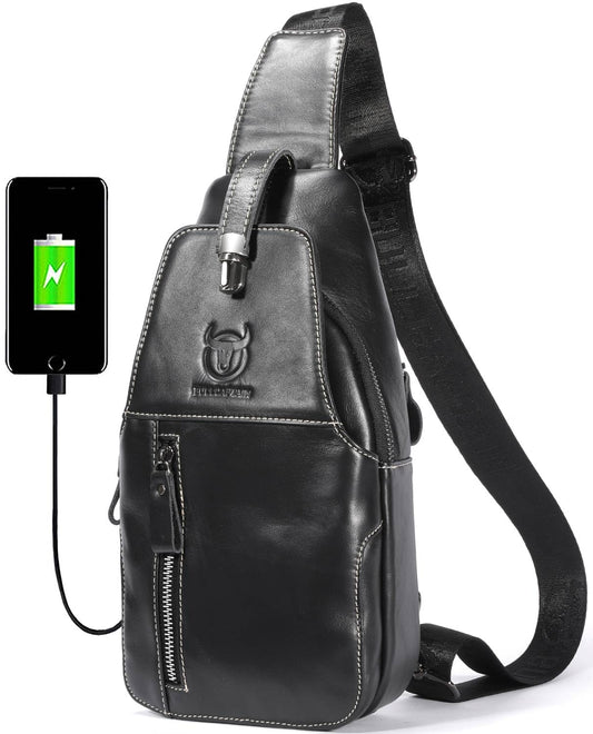 Genuine Leather Sling Bag Mens Crossbody Backpack for Hiking Casual Daypack Shoulder Chest Bag with USB Charging Port (Black)