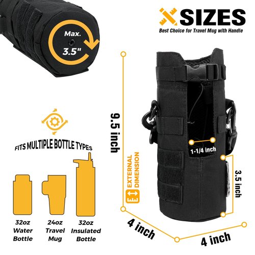 DBTAC Tactical Water Bottle Pouch Fits 24oz Travel Mug with Handle / 32oz Sport Bottle | Military Hydration Carrier w/Shoulder Strap for Traveling Hiking Camping Outdoor Sports (Black)