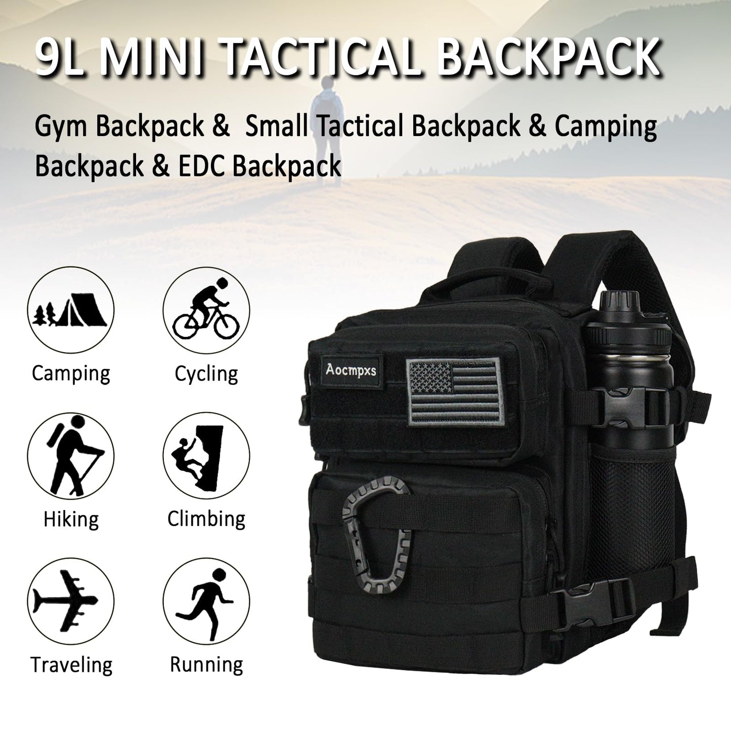 Aocmpxs Mini Tactical Backpack, 9L Small Gym Backpacks Sport Bag for Men Women Molle Military Pack with US Flag Patch and Carabiner (Black)