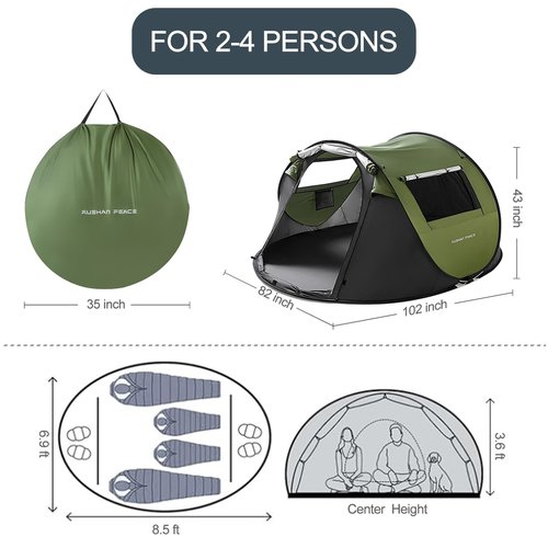 RUSHANPEACE Instant Tent for Camping, Pop Up Tent, Water Resistant Dome Tent, Easy Setup for Camping Hiking and Outdoor, Portable Tent with Carry Bag, Family Tent for 3 Seasons (Black+Green), Large