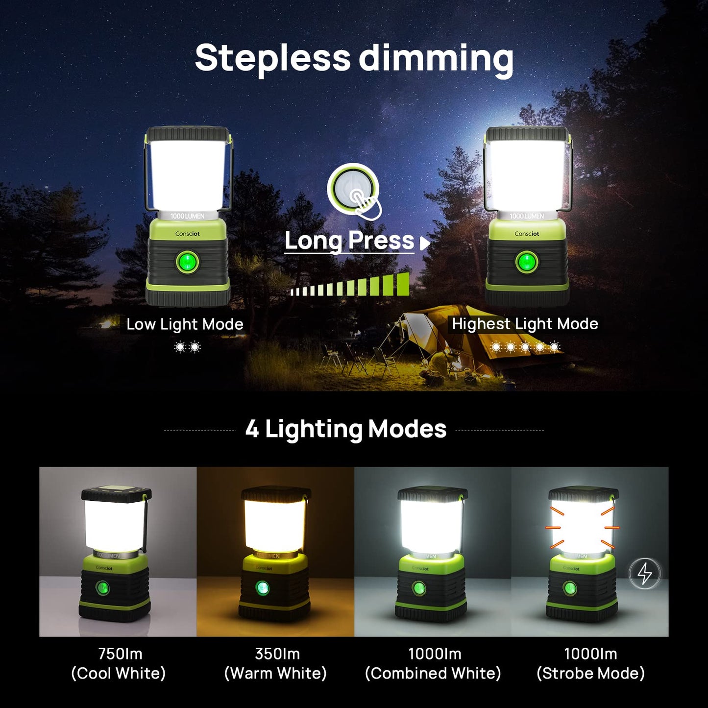 4-Pack Camping Lanterns with 30 LED Bulbs, 1000LM 2-Pack LED Camping Lanterns with 4 Light Modes and IPX4 Water Resistance