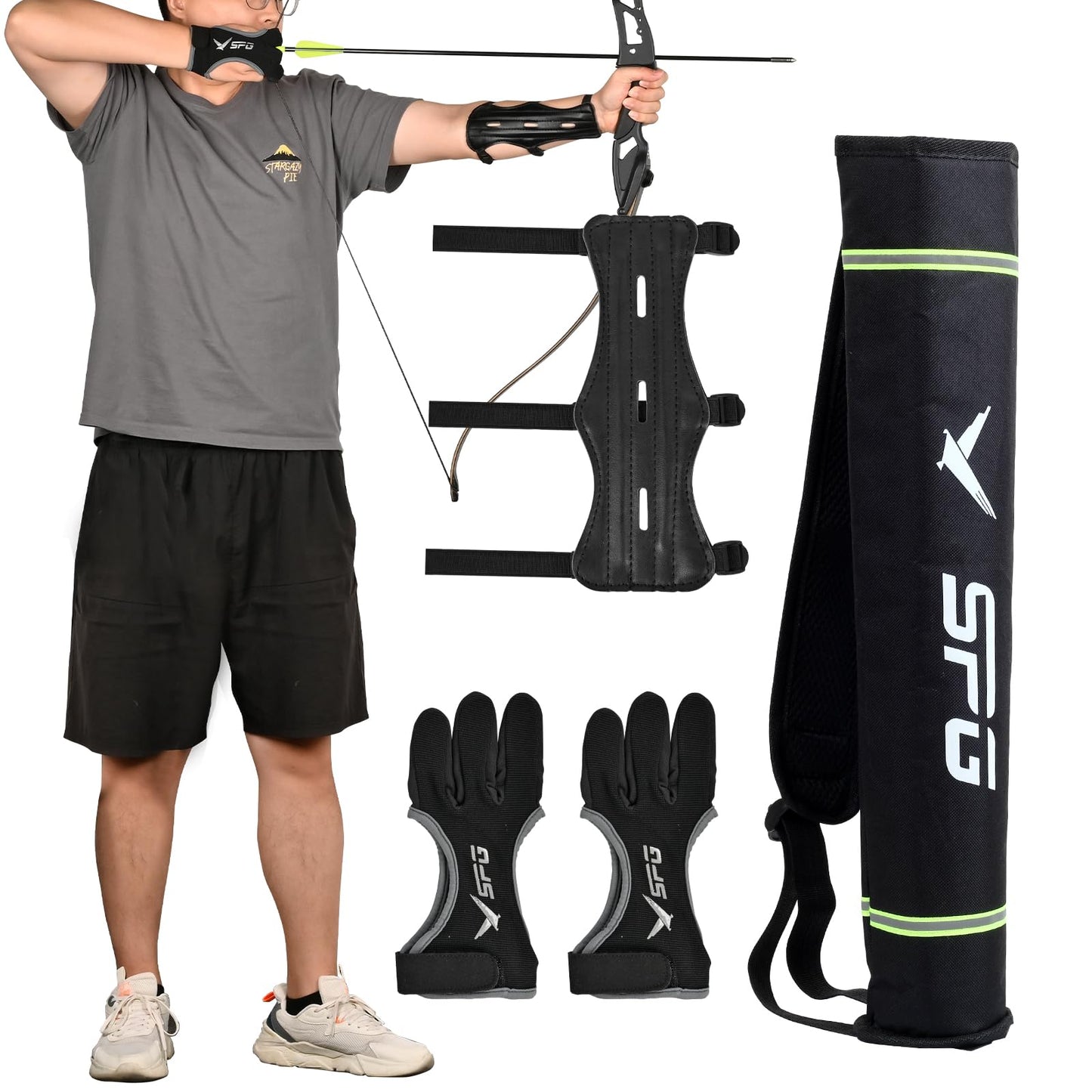 FENJANER Archery Finger Tab Gloves Arm Guard Adjustable Strap Wrist Guard Arrow Bag Hip Arrow Quiver for Hunting Target Accessories (1 X Arm Guard and 1 X Arrow Quiver and 2 X Archery Gloves)