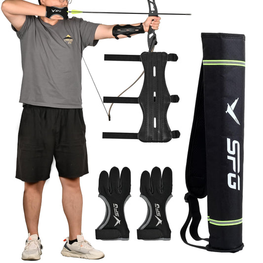 FENJANER Archery Finger Tab Gloves Arm Guard Adjustable Strap Wrist Guard Arrow Bag Hip Arrow Quiver for Hunting Target Accessories (1 X Arm Guard and 1 X Arrow Quiver and 2 X Archery Gloves)