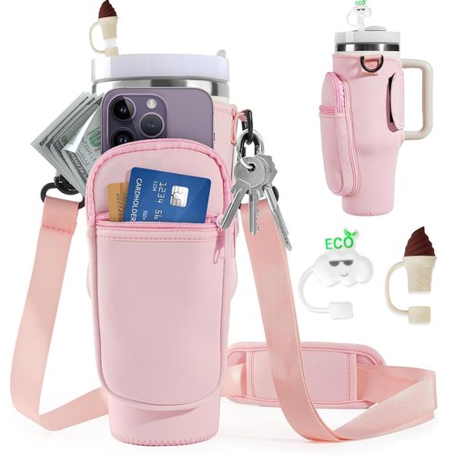Water Bottle Carrier Bag with Phone Pocket for Stanley Cup 40/30oz, Adjustable Strap Tumblers Water Bottle Holder with Pouch and Straw Cover for Stanley Cup Accessories (Pink)
