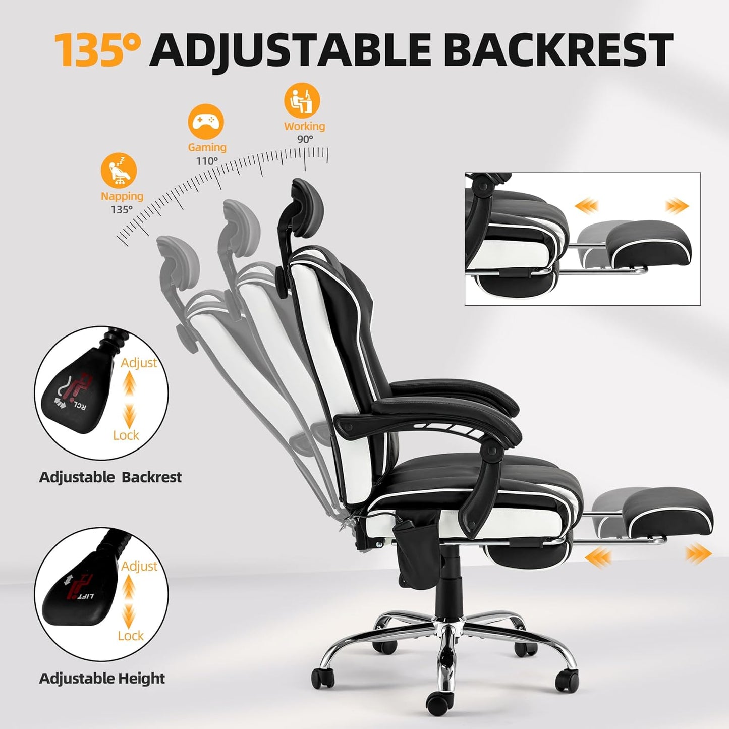 HOMREST 6-Point Massage Office Chair with Retractable Footrest, Heated Executive Office Chair with Reclining Backrest, Ergonomic Computer Chair with Adjustabel Headrest,Black