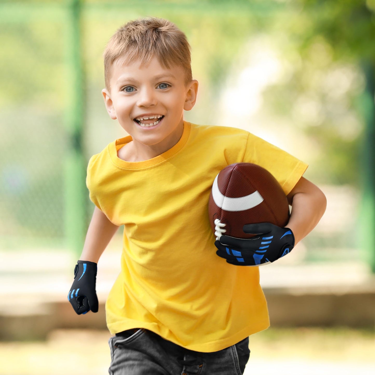 Alytree Football Gloves for Kids 8-12, No-Slip Youth Wide Receiver Glove, Enhanced Performance Silicone Gloves, Adjustable Super Sticky for Boys and Girls (Blue-Black-M/L)