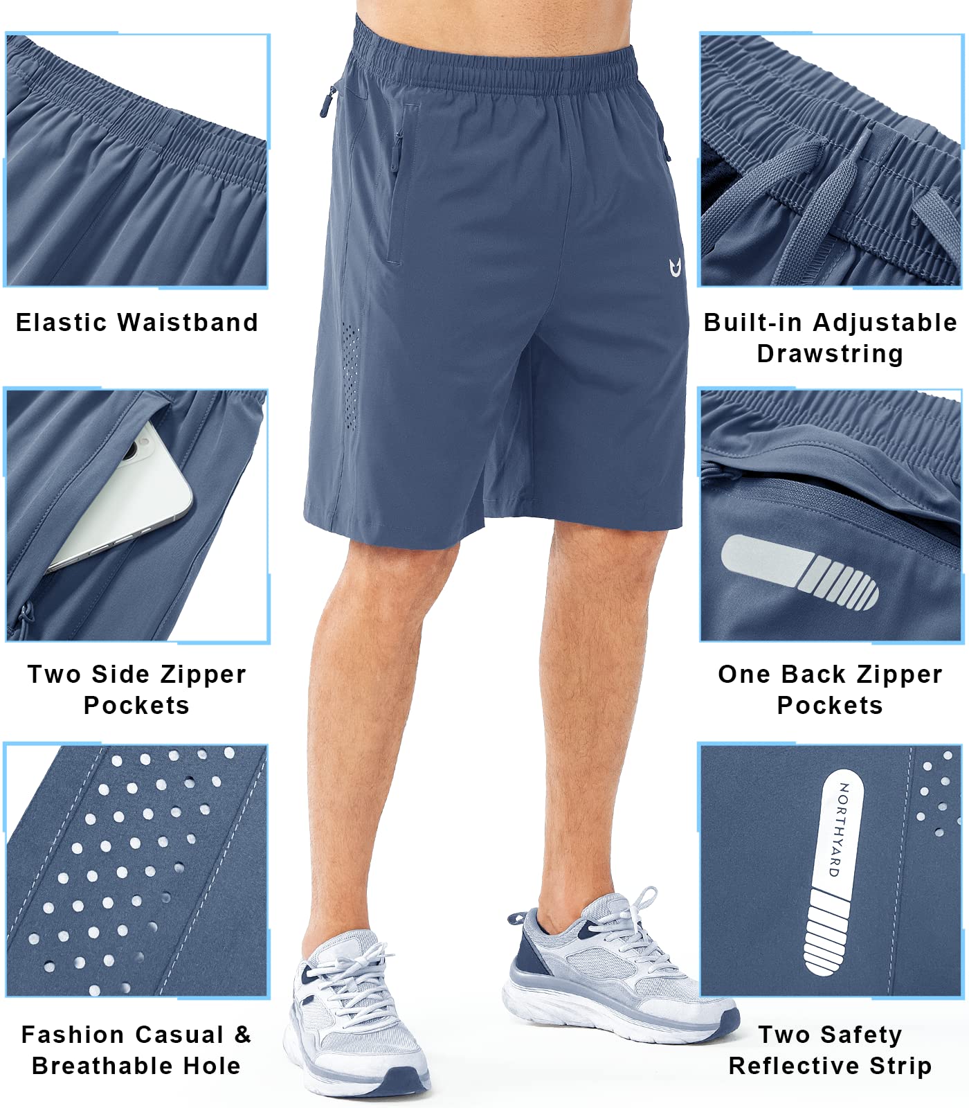 NORTHYARD Men's Athletic Running Shorts Gym Workout 7"/9"/5" Quick Dry Lightweight Sports Basketball Tennis 3 Zipper Pockets FEDERALBLUE-9inch 2XL