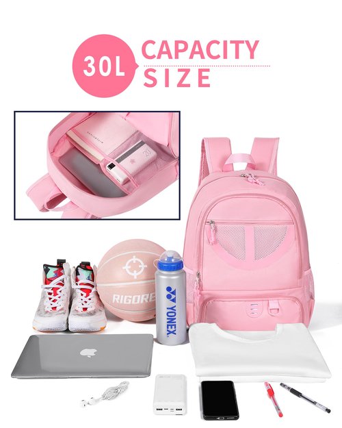 Basketball Bag Backpack for Women with Ball & Shoes Compartment 30L Capacity Lightweight Breathable Girls Soccer Ball Bag Backpack Fit Volleyball Football Sports Travel School Gym Pink