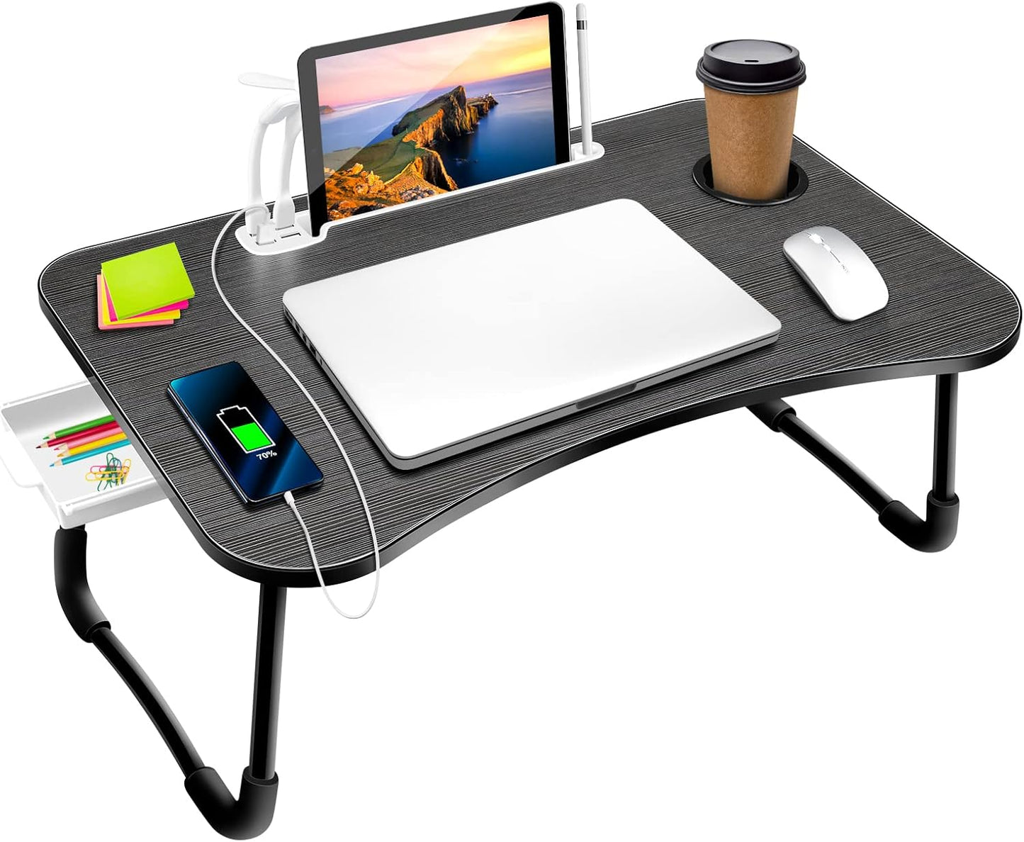 Laptop Bed Desk,Portable Foldable Laptop Lap Desk Tray Table with USB Charge Port/Cup Holder/Storage Drawer,for Bed/Couch/Sofa Working, Reading