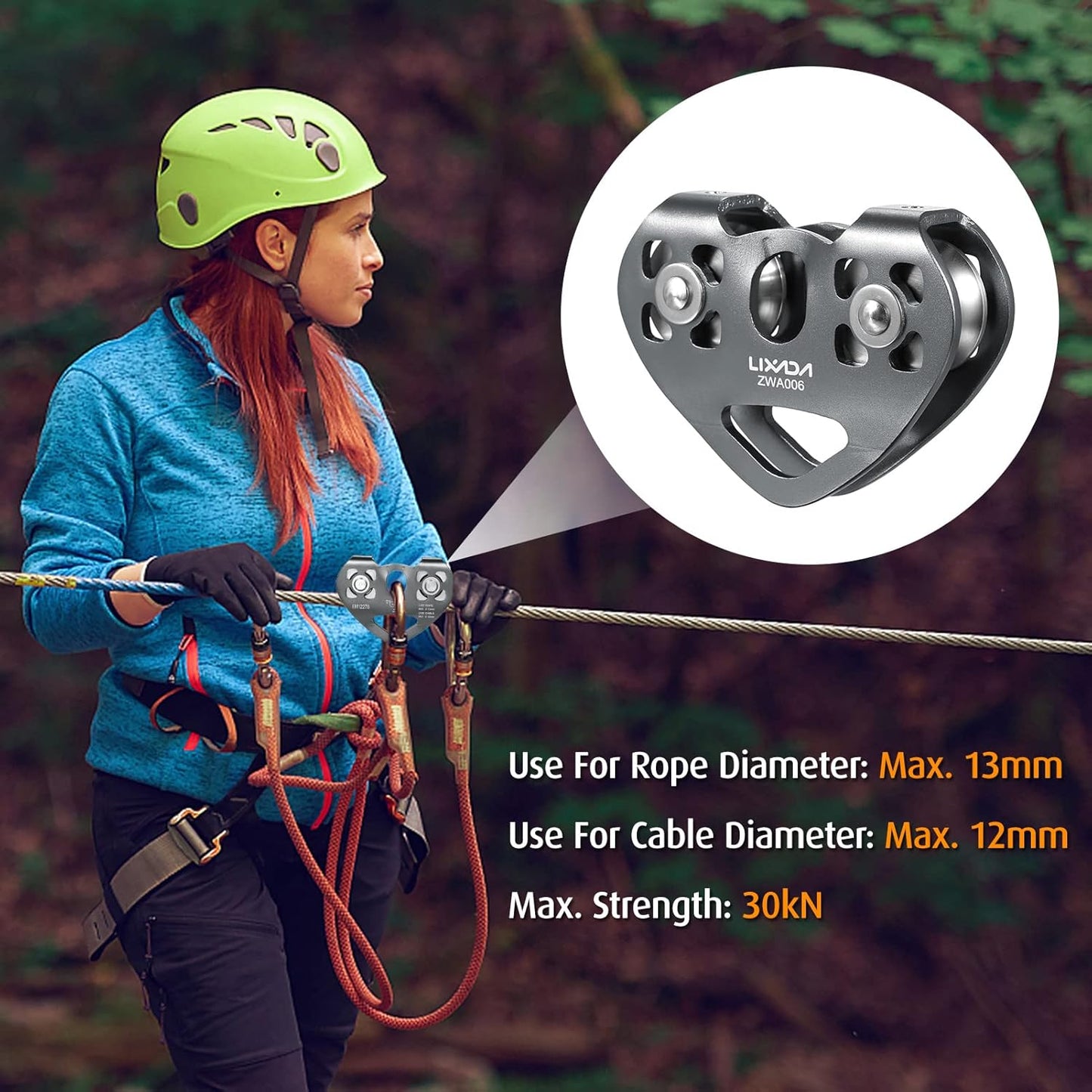 Lixada Zipline Pulley 30KN Trolley Rescue for 1/4 5/16 3/8 1/2 Cable Backyard Zipline, Hauling, Rigging and Commercial Purposes,Holds Upto 6700lbs