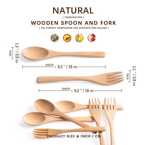 Hefild 8pcs 6.3inch Schima Wooden Utensil Set Including Spoons and Forks, Reusable Handmade Natural Wooden Cutlery, Sustainable Responsible Wood Flatware Set for Stirring Eating＆Camping