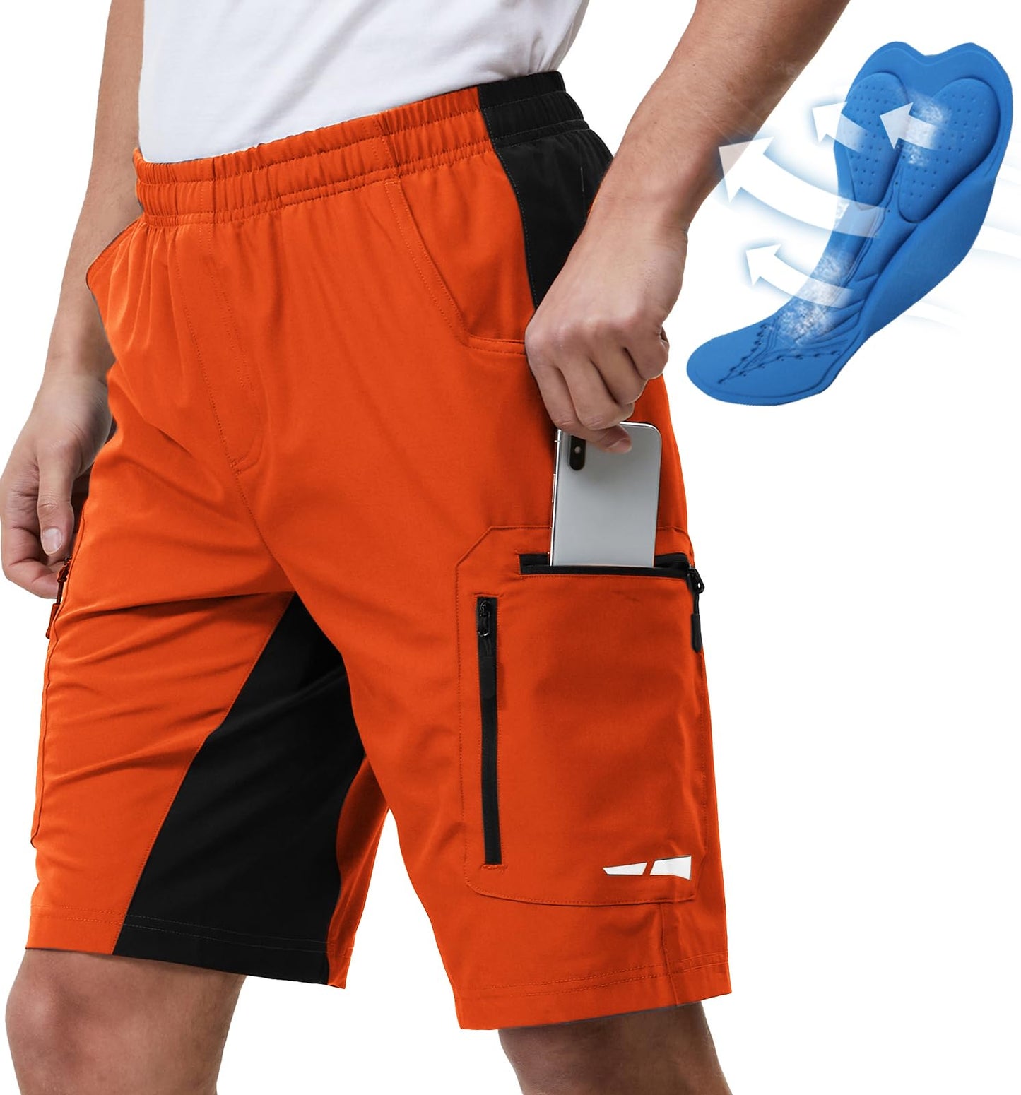 Ally Men's Mountain Bike Shorts 4D Padded Lightweight Loose-fit with Zipper Pockets for Biking Cycling Bicycle Riding Biker (Attached-pad Orange, Medium)