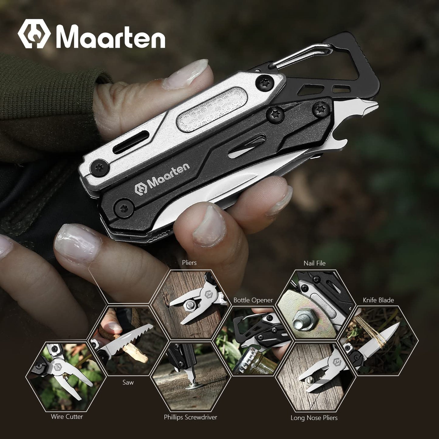 Maarten Mini Multitool, Lightweight 9 in 1 Professional Stainless Steel Multi Tool Keychain Pocket Pliers with Carabiner, Safety Lock Small Multitool with Bottle Opener