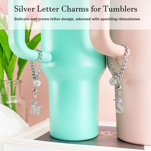 LUHOHI Silver Letter Charms for Stanley Cup- Crown Letter Charms Accessories for Stanley Handle 40Oz Tumblers Water Bottle Cup Initial Keychain with Diamond Glitter Jewelry Personalized Decorations G