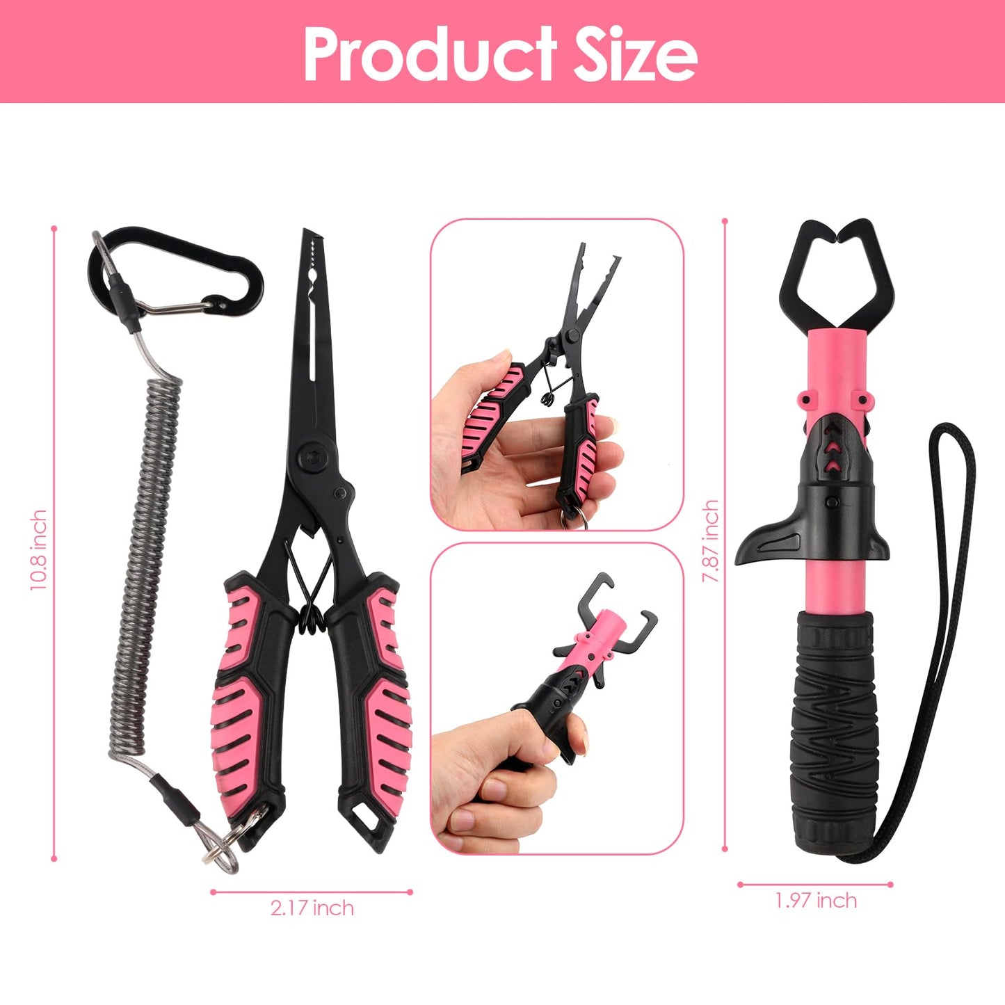mouhike Fishing Pliers Fish Lip Gripper Fishing Tool Kit Muti-Function Saltwater Fishing Line Cutter Hook Remover with Sheath Lanyard, Fly Ice Fishing Gear Fishing Gifts for Men Women (Pink & Black)