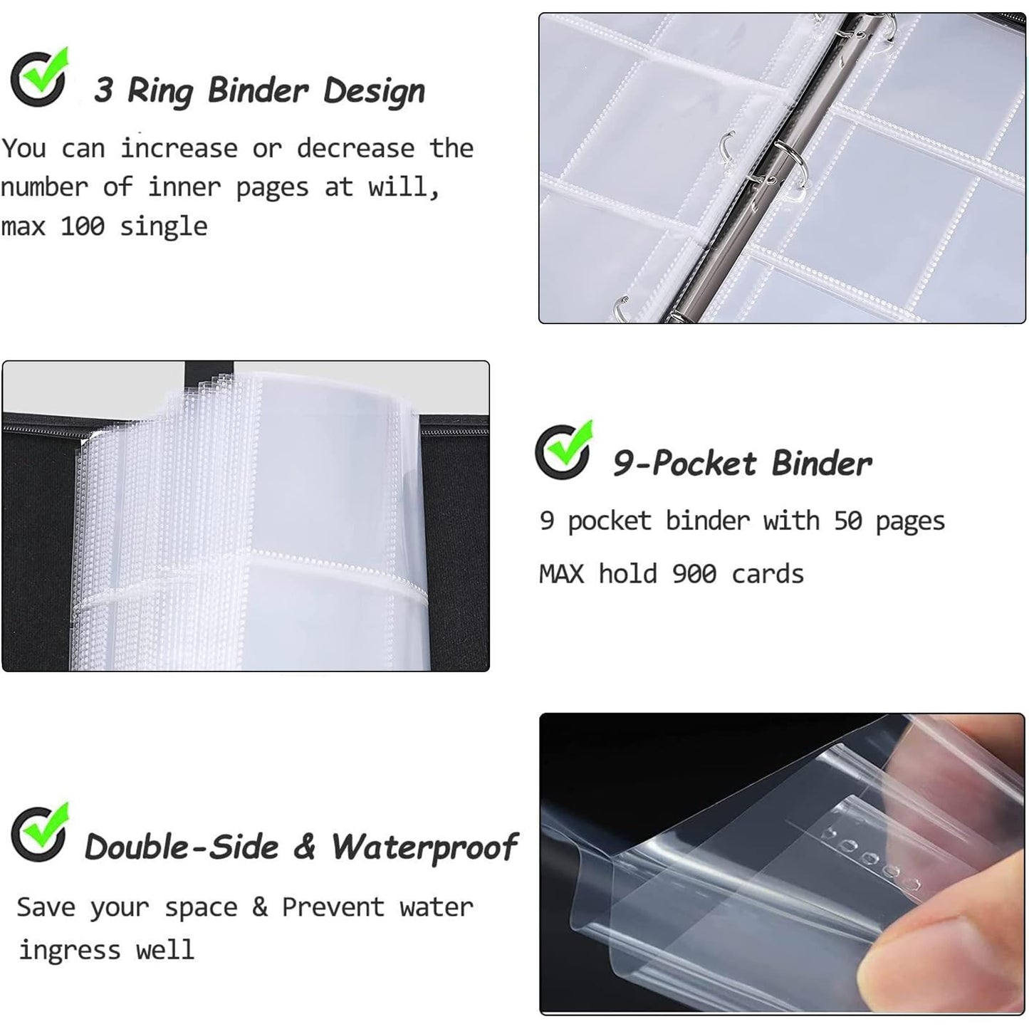 900 Cards Football Card Binder, 9-Pocket Card Collections Trading Card Binder 50 Pages Double-Sided Cards Holder with Zipper 3-Ring Card Album for Sports Football Card Sleeves Protectors